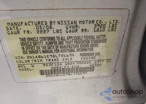 2008 Nissan Sentra 2.0S z USA, uszkodzony, nr VIN 3N1AB61E98L726694